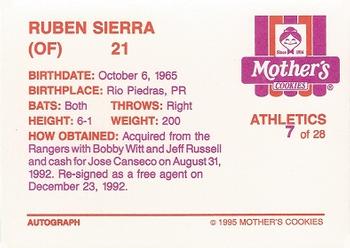 1995 Mother's Cookies Oakland Athletics #7 Ruben Sierra Back