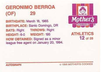 1995 Mother's Cookies Oakland Athletics #12 Geronimo Berroa Back