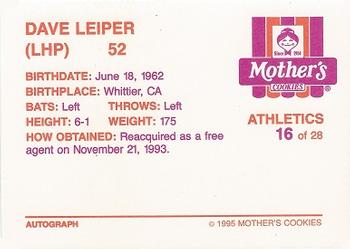1995 Mother's Cookies Oakland Athletics #16 Dave Leiper Back