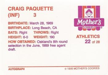 1995 Mother's Cookies Oakland Athletics #22 Craig Paquette Back