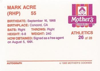 1995 Mother's Cookies Oakland Athletics #26 Mark Acre Back