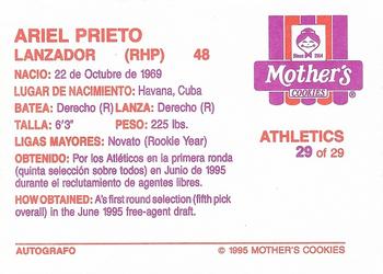 1995 Mother's Cookies Oakland Athletics #29 Ariel Prieto Back