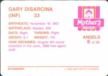 1995 Mother's Cookies California Angels #6 Gary DiSarcina Back
