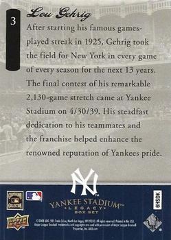 2008 Upper Deck Yankee Stadium Legacy Final Season Box Set #3 Lou Gehrig Back