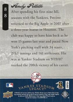 2008 Upper Deck Yankee Stadium Legacy Final Season Box Set #88 Andy Pettitte Back