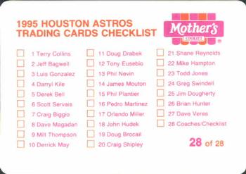 1995 Mother's Cookies Houston Astros #28 Coaches & Checklist - Julio Linares / Matt Galante / Jesse Barfield / Mel Stottlemyre / Steve Henderson Back