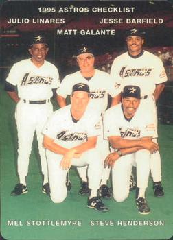 1995 Mother's Cookies Houston Astros #28 Coaches & Checklist - Julio Linares / Matt Galante / Jesse Barfield / Mel Stottlemyre / Steve Henderson Front