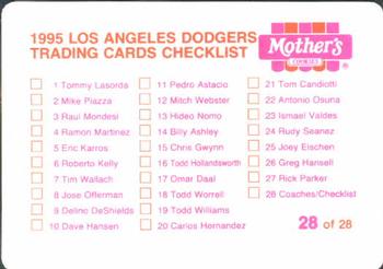 1995 Mother's Cookies Los Angeles Dodgers #28 Coaches & Checklist (Dave Wallace / Bill Russell / Reggie Smith / Joe Amalfitano / Manny Mota / Mark Cresse) Back