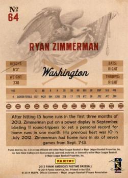 2013 Panini America's Pastime #64 Ryan Zimmerman Back