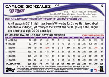 2014 Topps Opening Day #16 Carlos Gonzalez Back