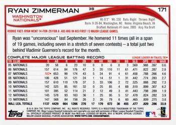 2014 Topps Opening Day #171 Ryan Zimmerman Back