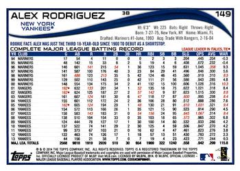 2014 Topps Opening Day #149 Alex Rodriguez Back