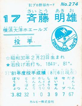 1981 Calbee #274 Akio Saito Back