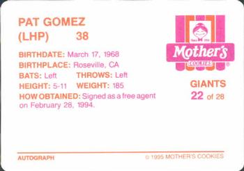 1995 Mother's Cookies San Francisco Giants #22 Pat Gomez Back