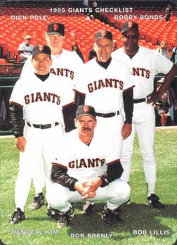 1995 Mother's Cookies San Francisco Giants #28 Coaches & Checklist (Dick Pole / Bobby Bonds / Wendell Kim / Bob Brenly / Bob Lillis) Front