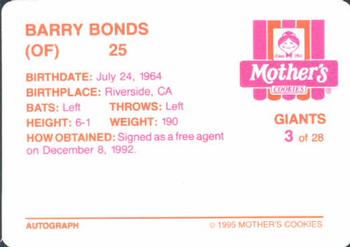 1995 Mother's Cookies San Francisco Giants #3 Barry Bonds Back