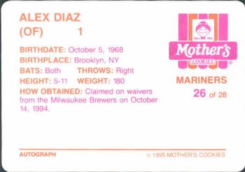 1995 Mother's Cookies Seattle Mariners #26 Alex Diaz Back