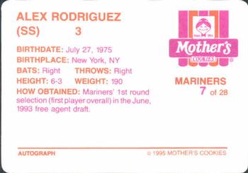 1995 Mother's Cookies Seattle Mariners #7 Alex Rodriguez Back