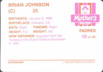 1995 Mother's Cookies San Diego Padres #10 Brian Johnson Back