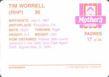 1995 Mother's Cookies San Diego Padres #17 Tim Worrell Back