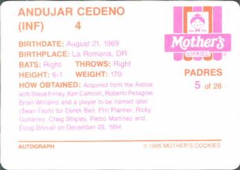 1995 Mother's Cookies San Diego Padres #5 Andujar Cedeno Back