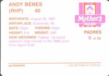 1995 Mother's Cookies San Diego Padres #6 Andy Benes Back