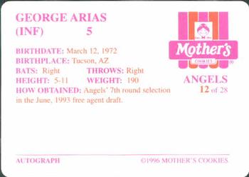 1996 Mother's Cookies California Angels #12 George Arias Back