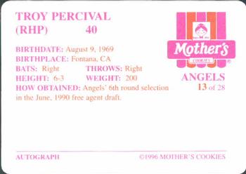 1996 Mother's Cookies California Angels #13 Troy Percival Back