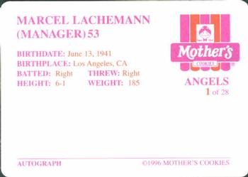 1996 Mother's Cookies California Angels #1 Marcel Lachemann Back