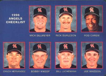 1996 Mother's Cookies California Angels #28 Coaches & Checklist (Mick Billmeyer / Rick Burleson / Rod Carew / Chuck Hernandez / Bobby Knoop / Bill Lachemann / Joe Maddon) Front