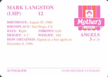1996 Mother's Cookies California Angels #3 Mark Langston Back