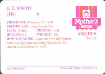 1996 Mother's Cookies California Angels #8 J.T. Snow Back
