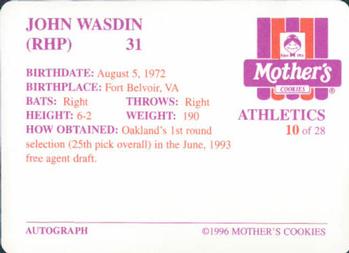 1996 Mother's Cookies Oakland Athletics #10 John Wasdin Back