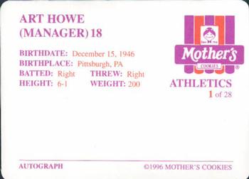 1996 Mother's Cookies Oakland Athletics #1 Art Howe Back
