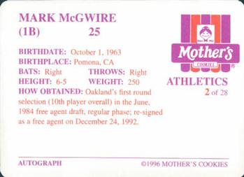1996 Mother's Cookies Oakland Athletics #2 Mark McGwire Back