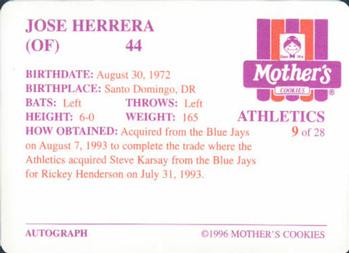 1996 Mother's Cookies Oakland Athletics #9 Jose Herrera Back