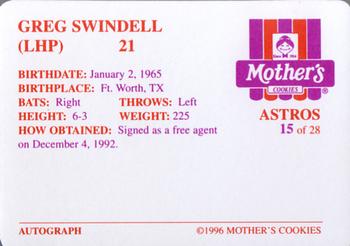 1996 Mother's Cookies Houston Astros #15 Greg Swindell Back