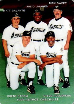 1996 Mother's Cookies Houston Astros #28 Coaches & Checklist (Matt Galante / Julio Linares / Rick Sweet / Brent Strom / Steve Henderson) Front