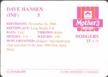 1996 Mother's Cookies Los Angeles Dodgers #15 Dave Hansen Back