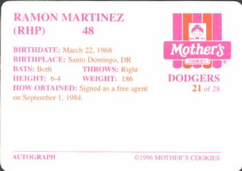 1996 Mother's Cookies Los Angeles Dodgers #21 Ramon Martinez Back