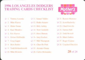 1996 Mother's Cookies Los Angeles Dodgers #28 Coaches & Checklist (Joe Amalfitano / Mark Cresse / Manny Mota/ Bill Russell / Dave Wallace / Reggie Smith) Back