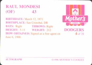 1996 Mother's Cookies Los Angeles Dodgers #4 Raul Mondesi Back