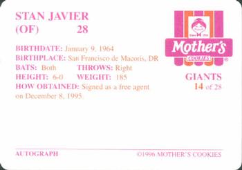 1996 Mother's Cookies San Francisco Giants #14 Stan Javier Back
