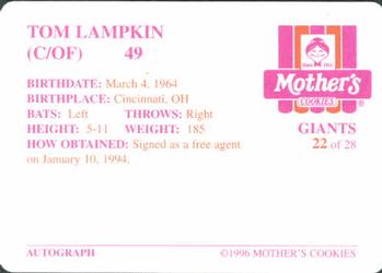 1996 Mother's Cookies San Francisco Giants #22 Tom Lampkin Back