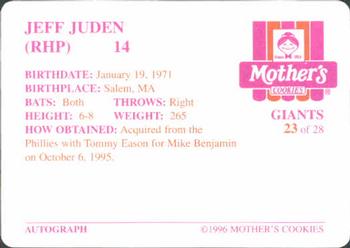 1996 Mother's Cookies San Francisco Giants #23 Jeff Juden Back