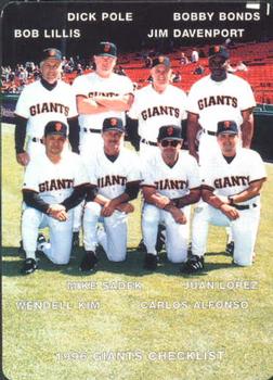 1996 Mother's Cookies San Francisco Giants #28 Coaches & Checklist (Bob Lillis / Dick Pole / Jim Davenport / Bobby Bonds / Wendell Kim / Mike Sadek / Carlos Alfonso / Juan Lopez) Front