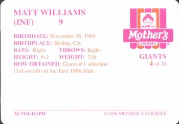 1996 Mother's Cookies San Francisco Giants #4 Matt Williams Back