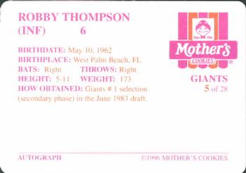 1996 Mother's Cookies San Francisco Giants #5 Robby Thompson Back