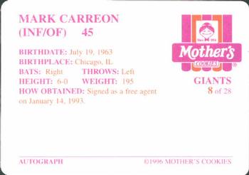 1996 Mother's Cookies San Francisco Giants #8 Mark Carreon Back