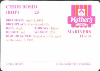 1996 Mother's Cookies Seattle Mariners #11 Chris Bosio Back